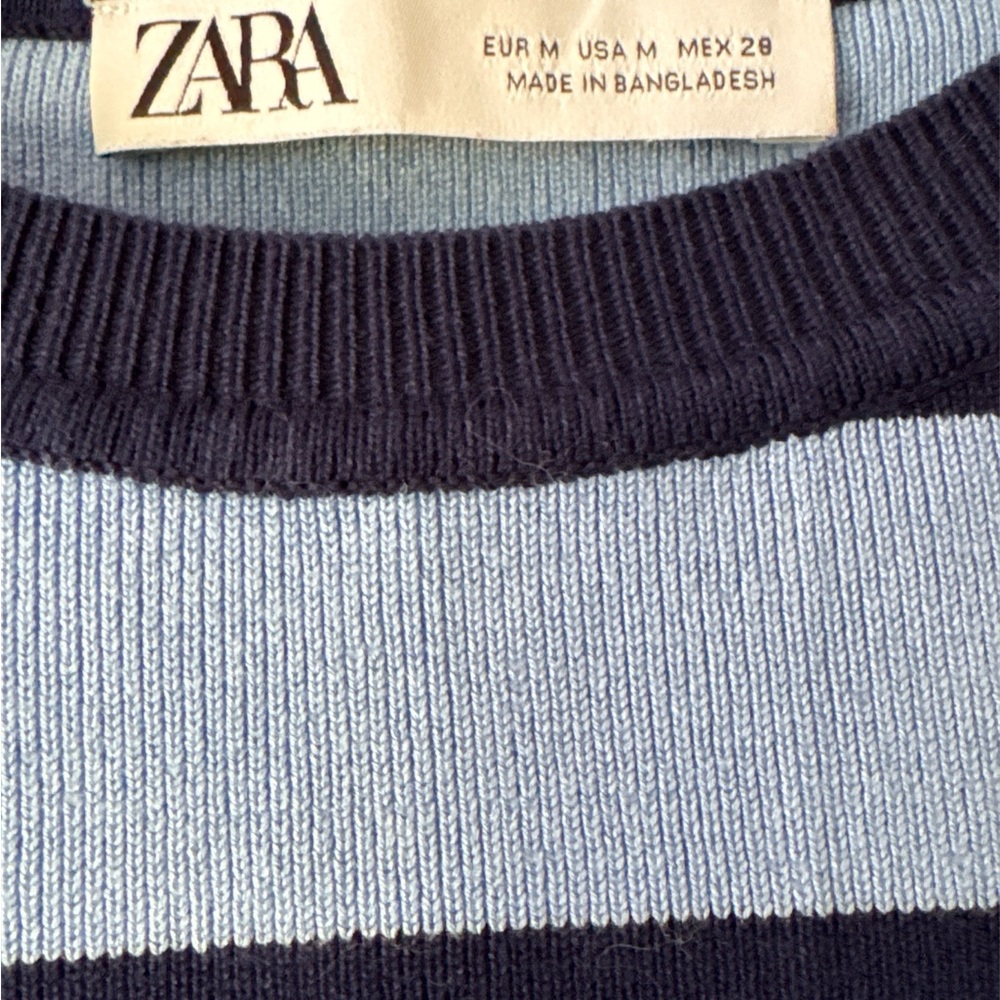 Zara Blue Navy Striped Crewneck Long Sleeve Knit Crop Top M